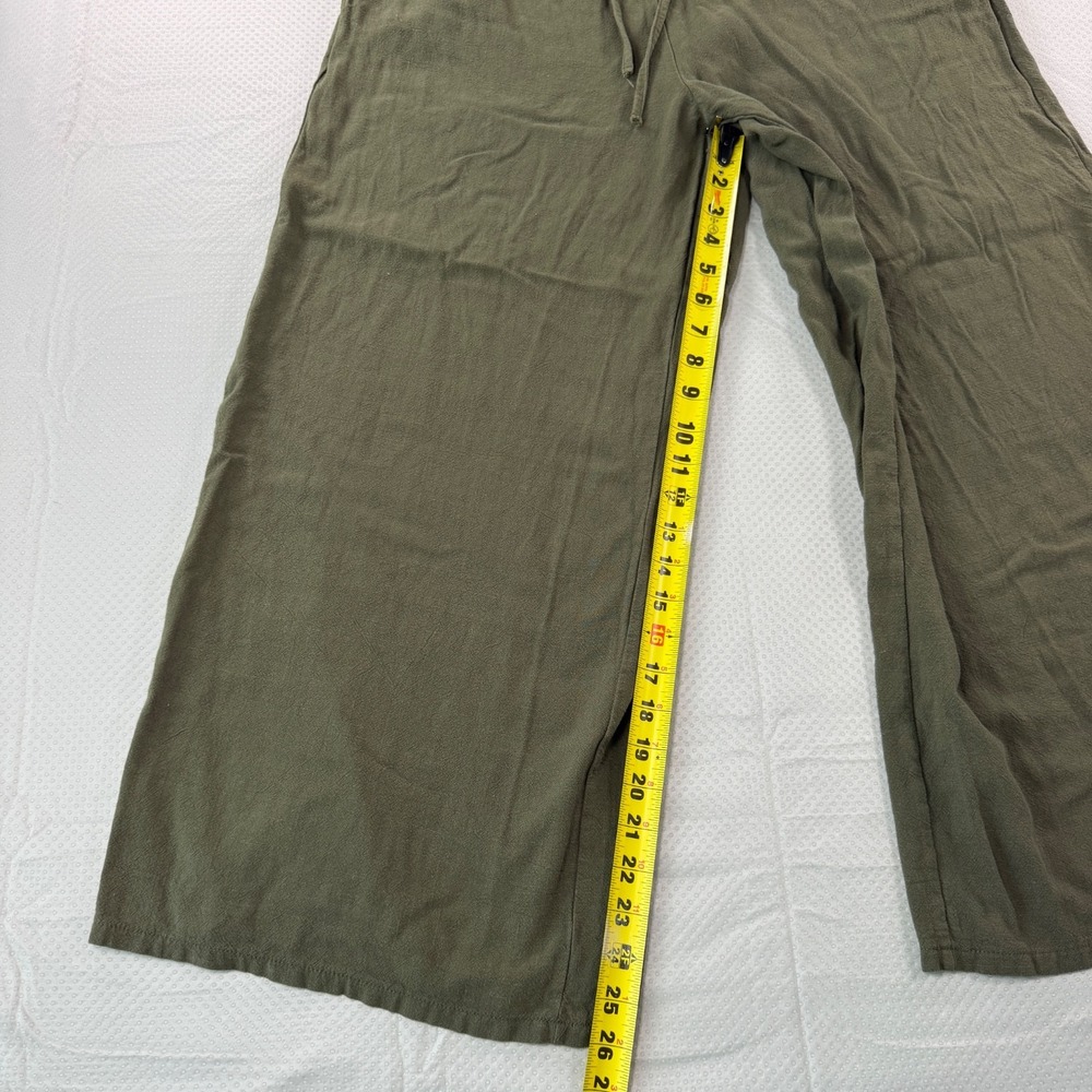 Women Linen Blend Wide Leg Pants Olive Green Drawstring Elastic Waist Casual XL - Picture 4 of 11